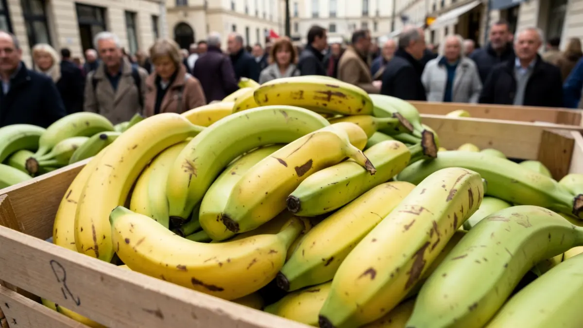 Canary bananas in a crate, some green ones visible, indicating oversupply.