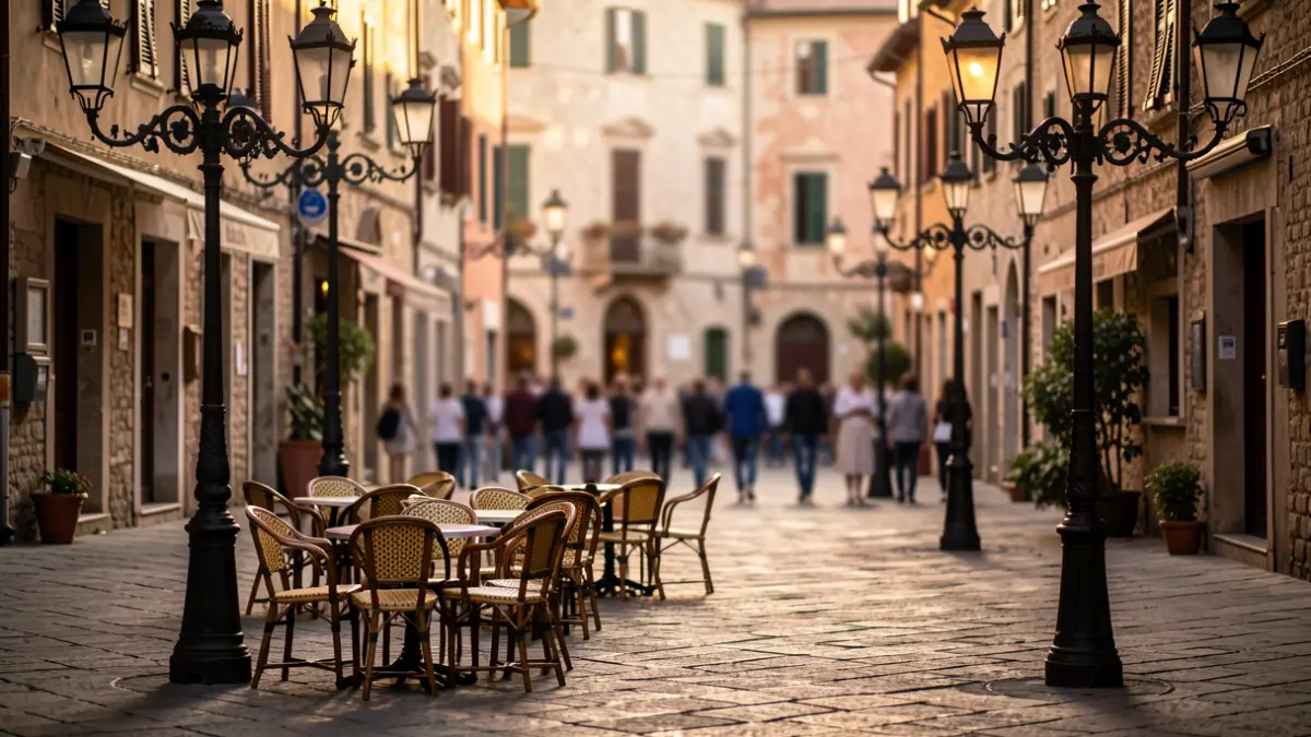 Generic image of a Mediterranean city square illuminated by streetlamps.