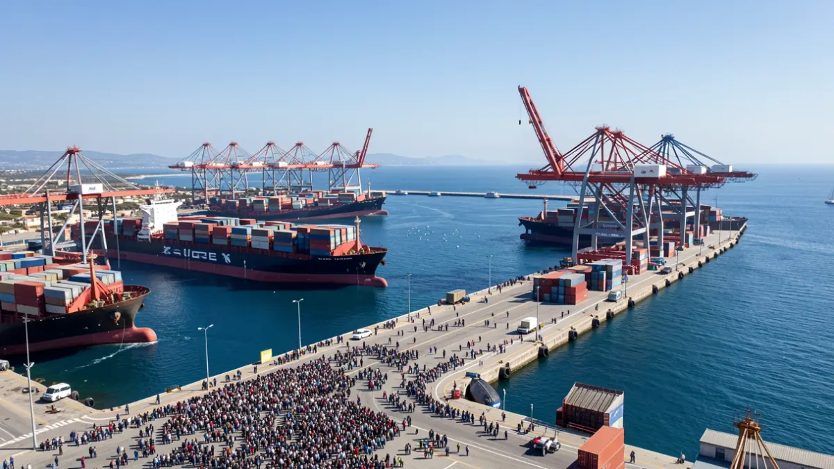 Imagen genérica de un puerto comercial con contenedores y grúas en un día soleado.
