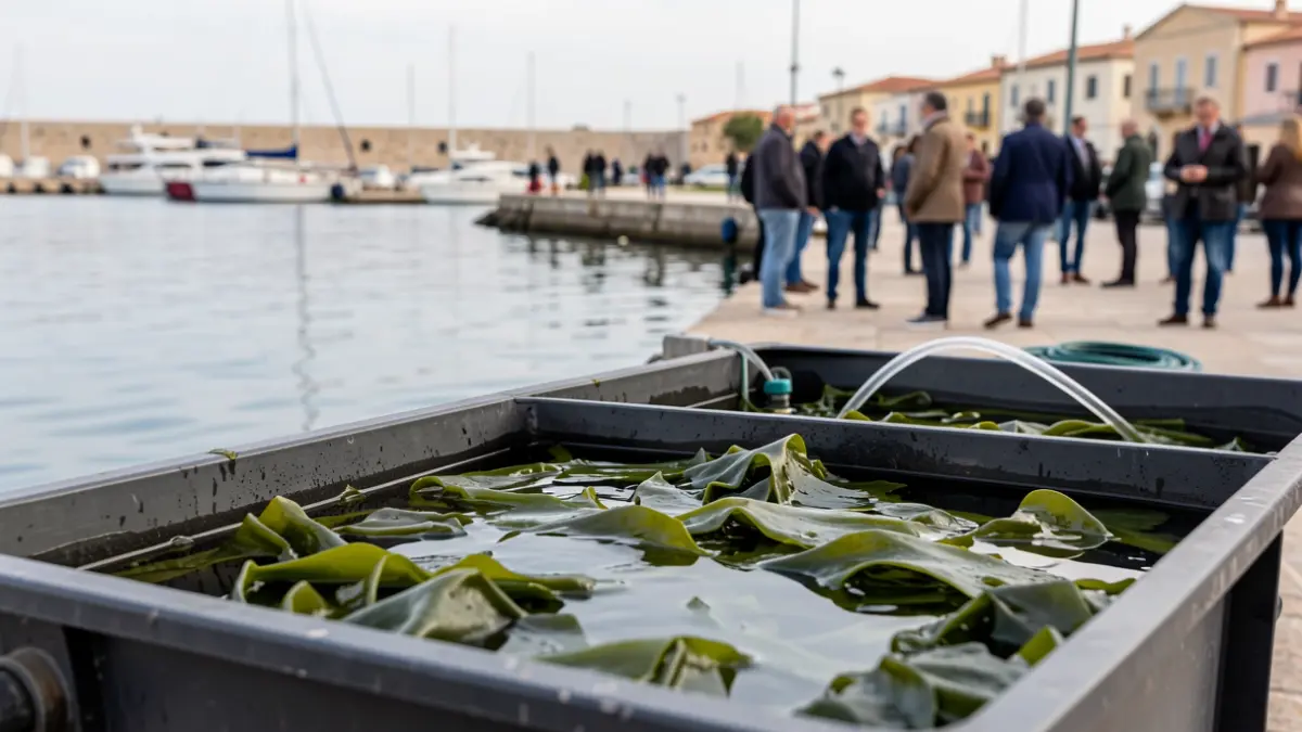 Image of the bioremediation system with macroalgae installed in a container at the port.