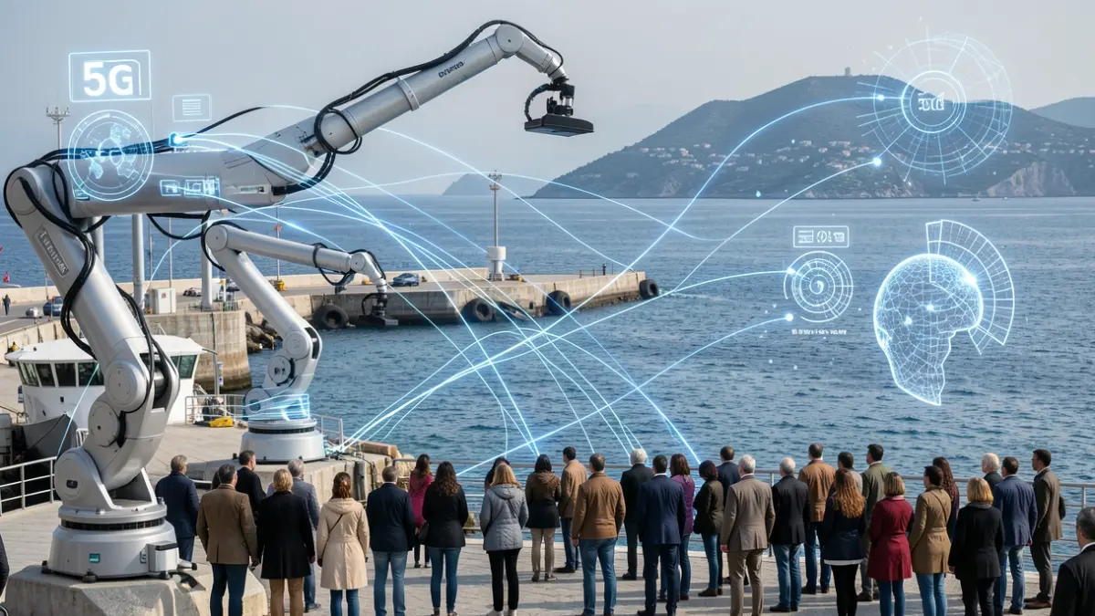 Imagen genérica de un puerto futurista con robots y tecnología 5G.