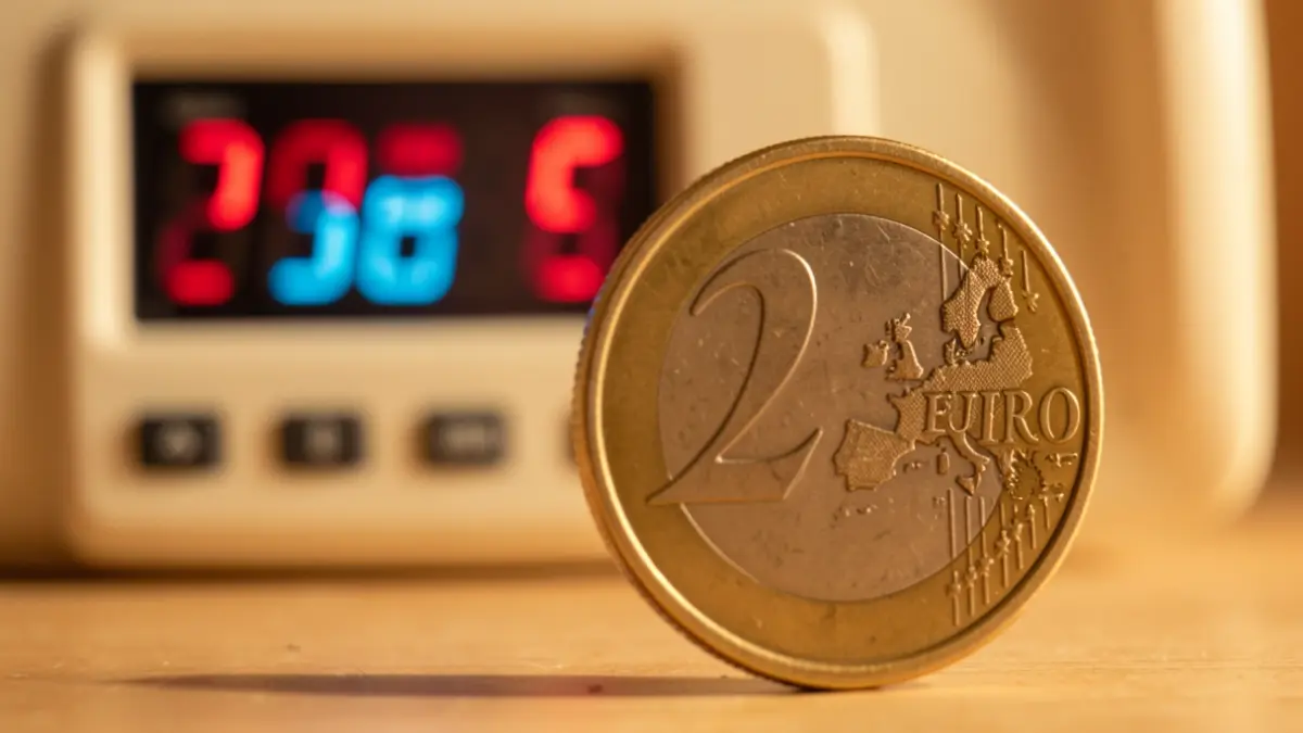 Close-up of a Spanish euro coin with a blurred background of a digital electricity meter display showing fluctuating numbers.