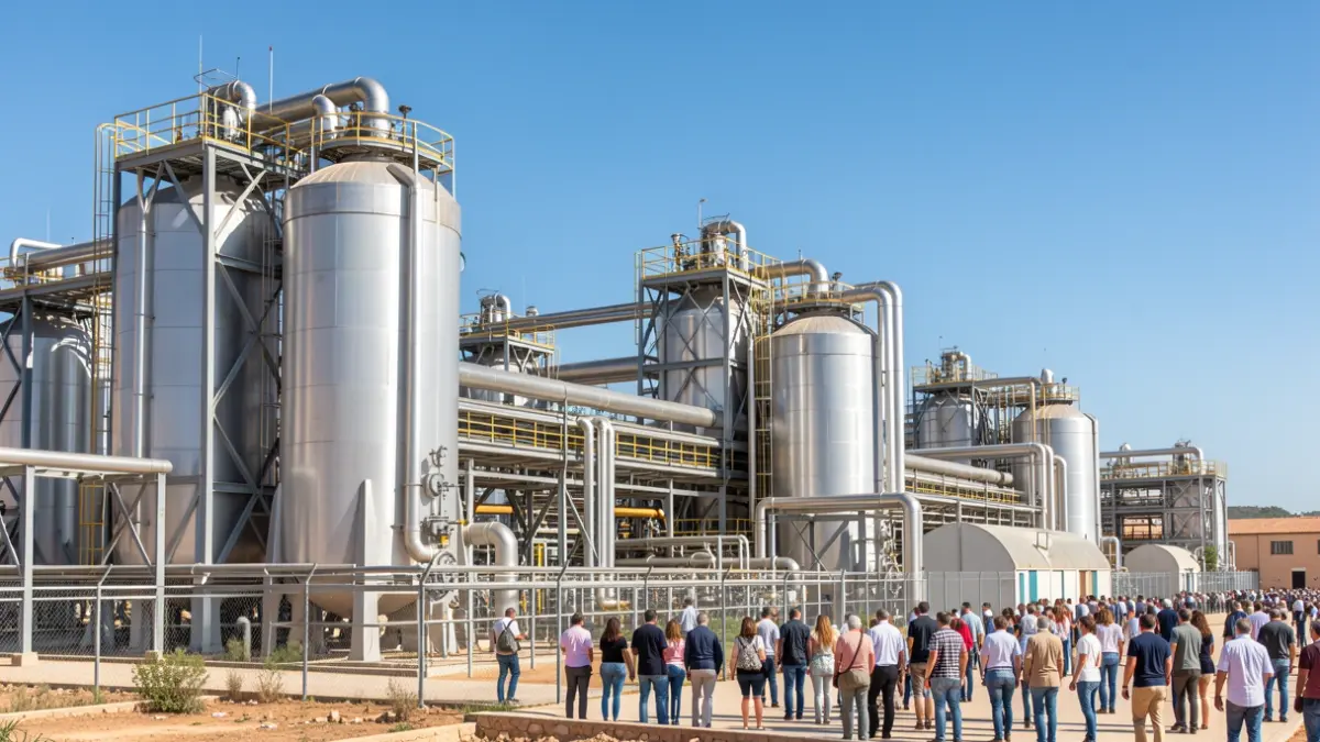 Industrial facilities of an energy plant in Andalusia under a clear sky.