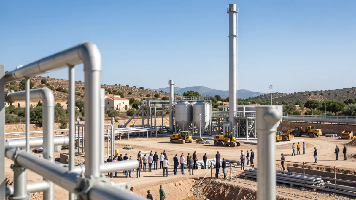 Imagen genérica de una zona de construcción industrial bajo luz solar intensa.