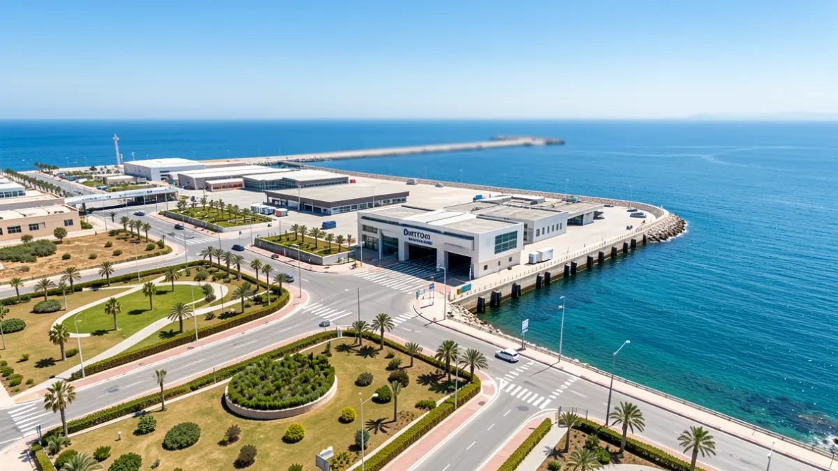 Aerial view of the Port of Almería with new constructions and landscaped areas.