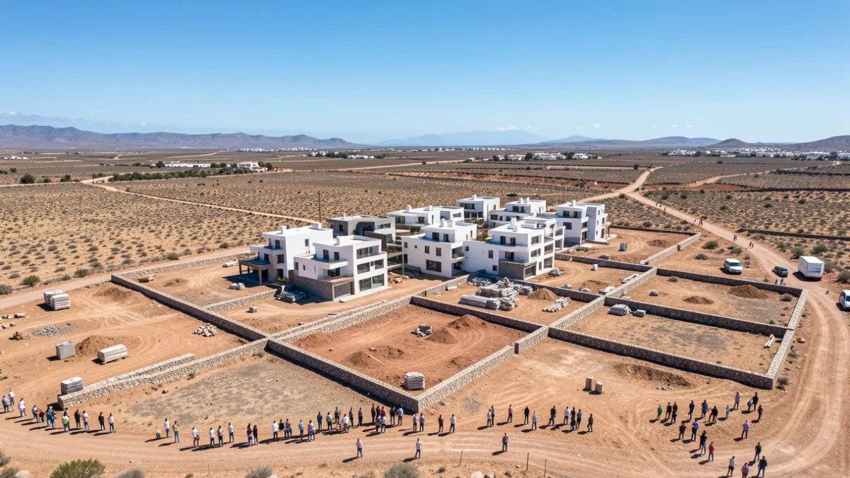 Vista aérea de una zona urbanizable en Gran Canaria con parcelas delimitadas.