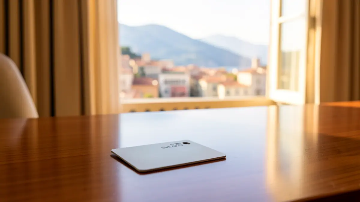 Generic image of a hotel key card on a desk with a coastal view.