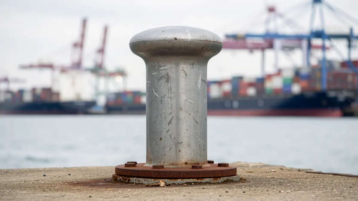 Imagen genérica de un muelle portuario con elementos de amarre y barcos al fondo.