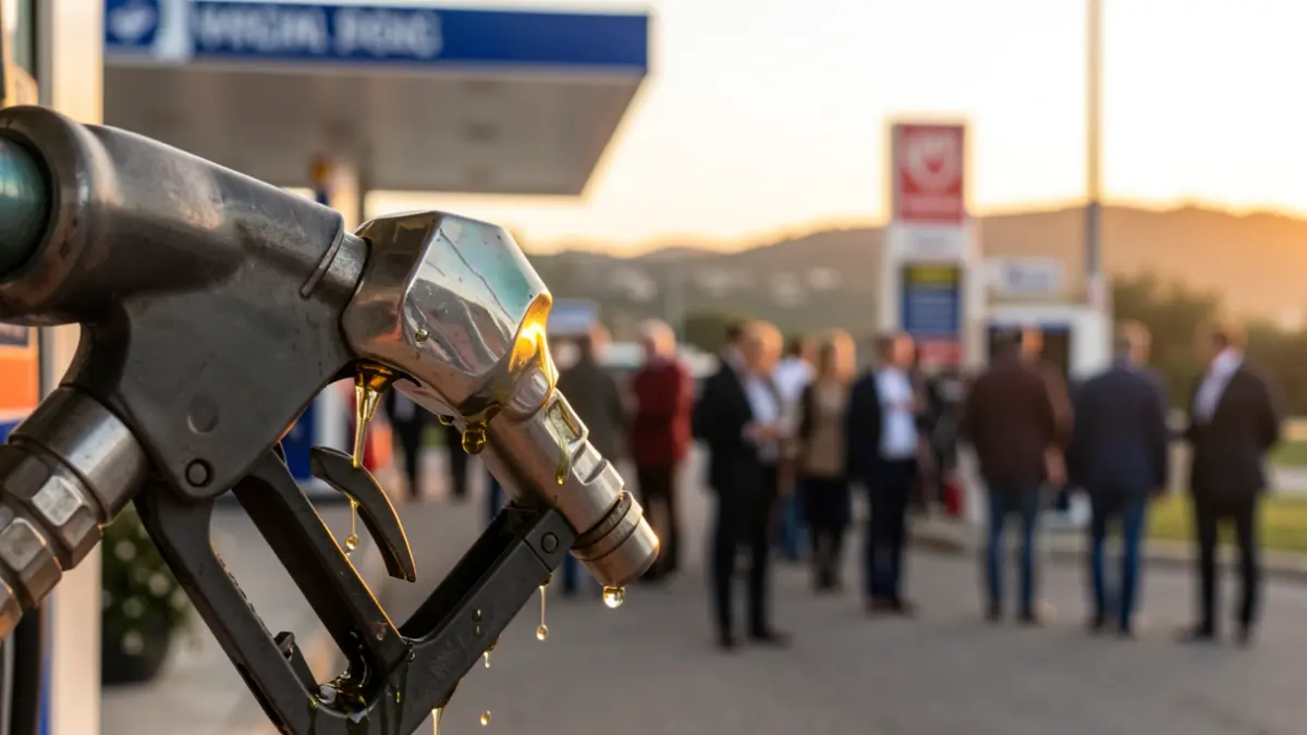 Detail of a gasoline pump nozzle with drops and light reflections.