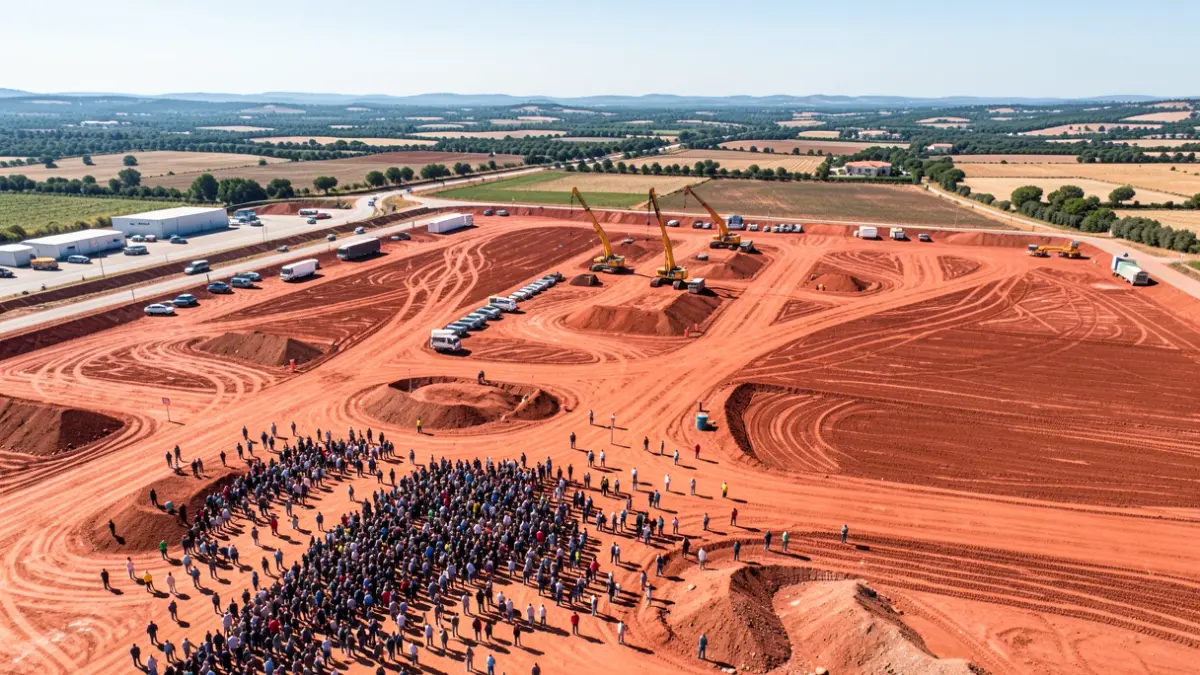 Urbanization works in an industrial estate with red earth and heavy machinery in the background.