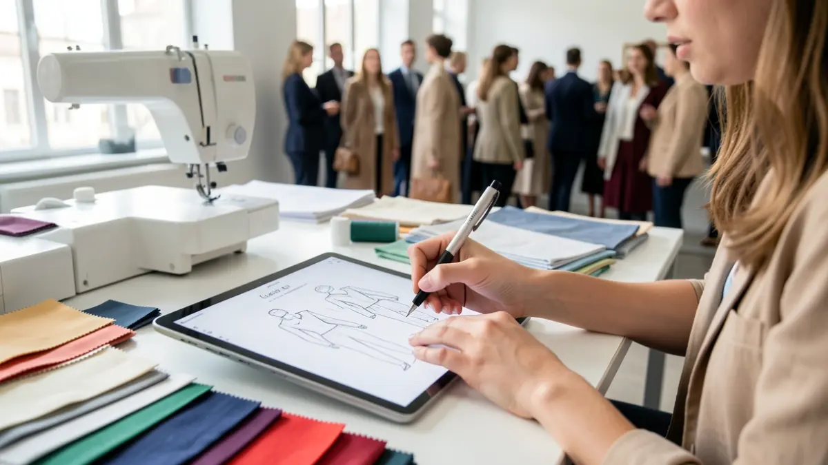 Imagen de una mujer joven dibujando diseños de moda en una tableta en un estudio moderno.