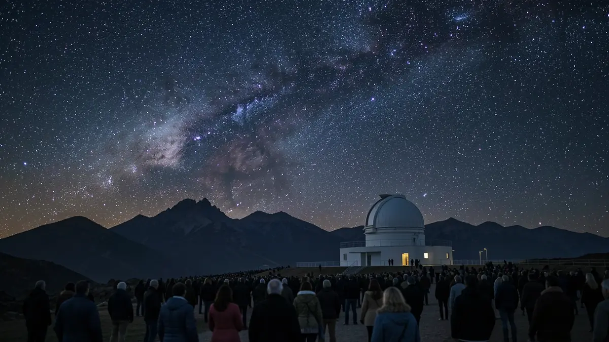 Starry night sky over the silhouette of the Roque de los Muchachos Observatory mountains.