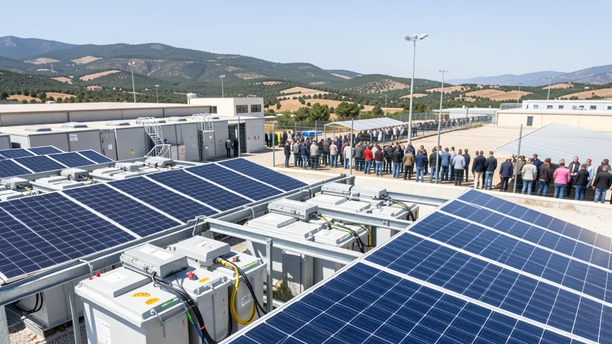 Generic image of an industrial photovoltaic installation with batteries.