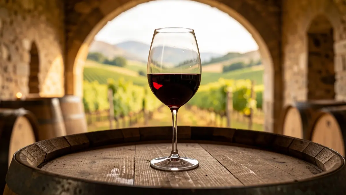 Glass of wine in a winery with vineyards in the background.