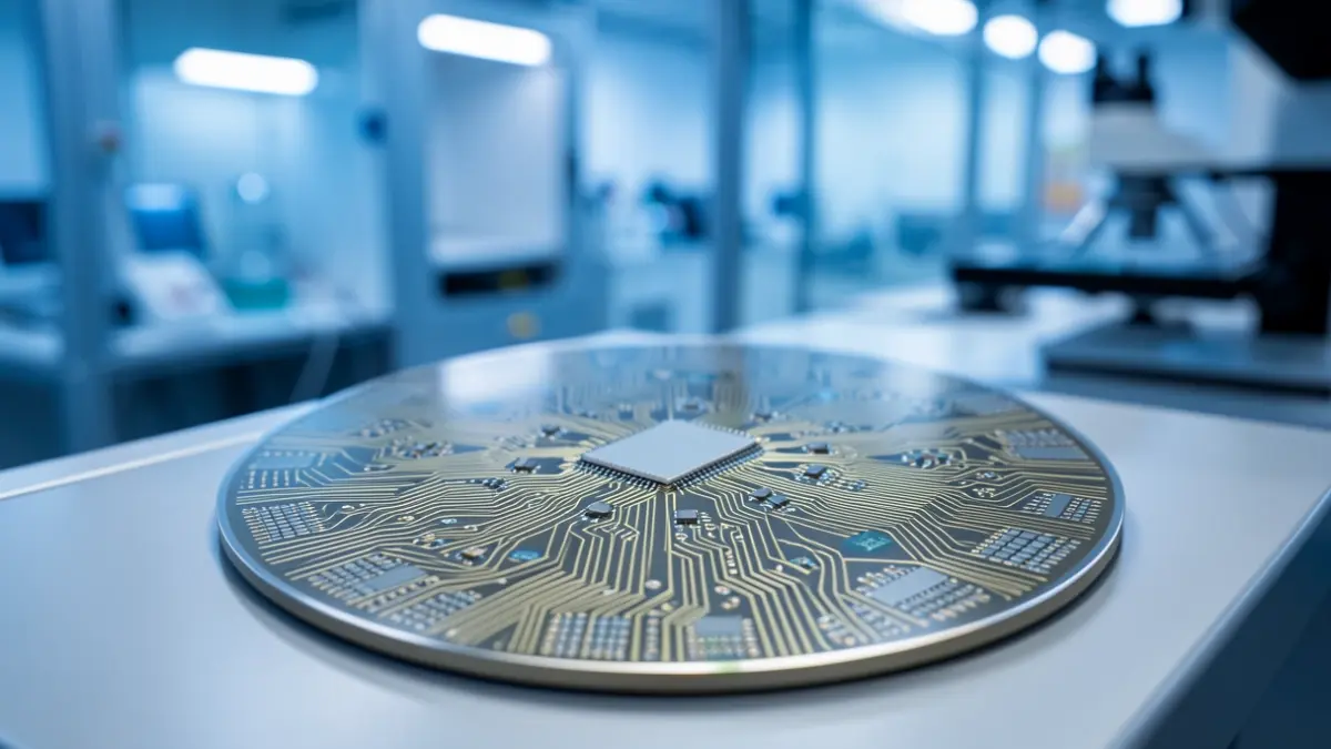 Imagen técnica de circuitos integrados de microchips, con fondo de laboratorio desenfocado.