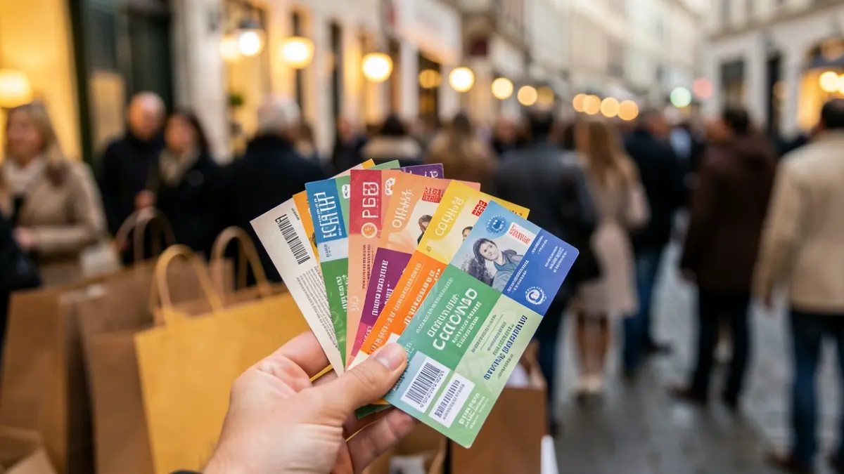 Hands holding consumption vouchers with blurred shopping bags.