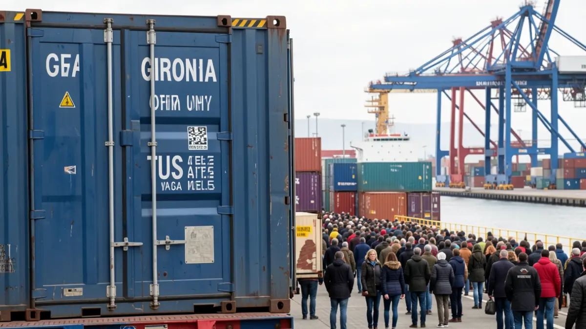Contenedores de mercancías con indicaciones de Girona y Estados Unidos en un puerto.