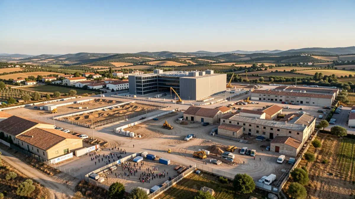 Aerial view of a large data processing factory under construction in Flix.