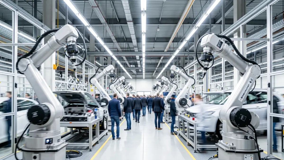 Imagen genérica del interior de una planta de fabricación de automóviles con tecnología robótica.