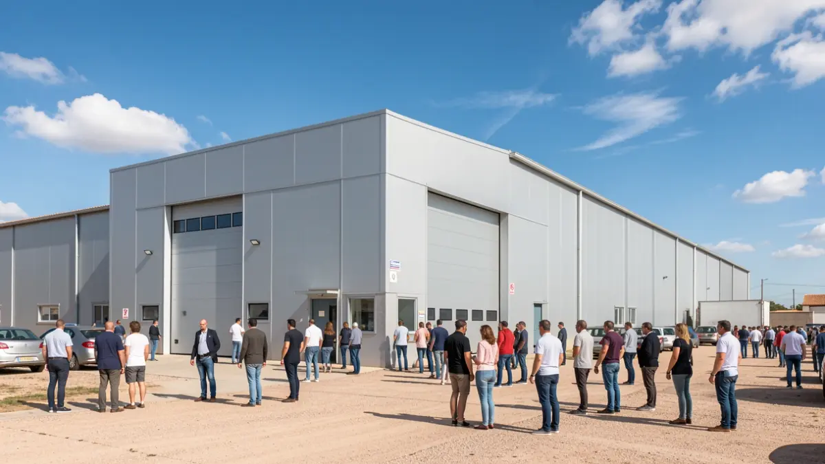 Generic image of the facade of a modern industrial warehouse in Andalusia.