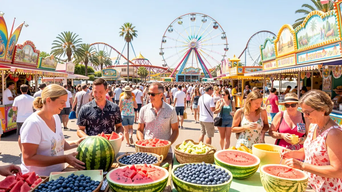 Visitantes disfrutando de fruta cooperativa gratuita en el parque temático Isla Mágica.