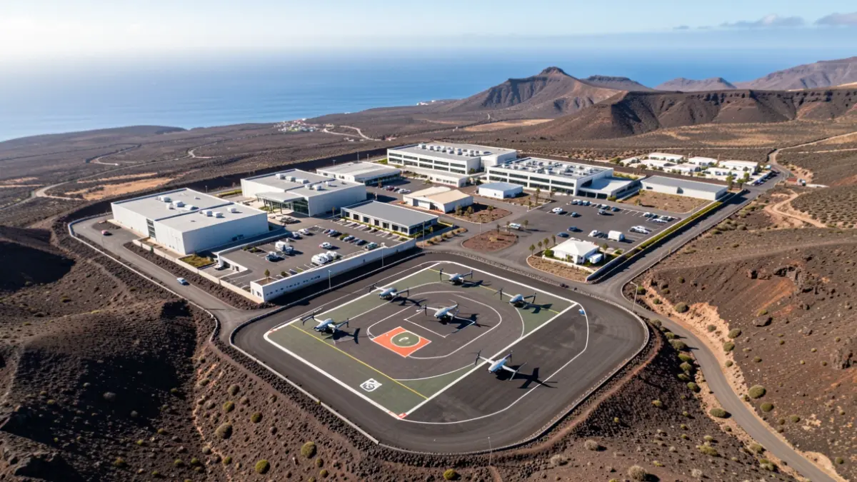 Vista aérea de un parque tecnológico en Fuerteventura con drones.