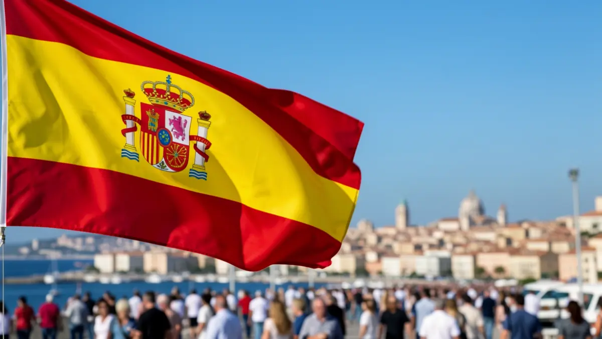Generic image of a Valencian flag waving with a blue sky and a Mediterranean city in the background.