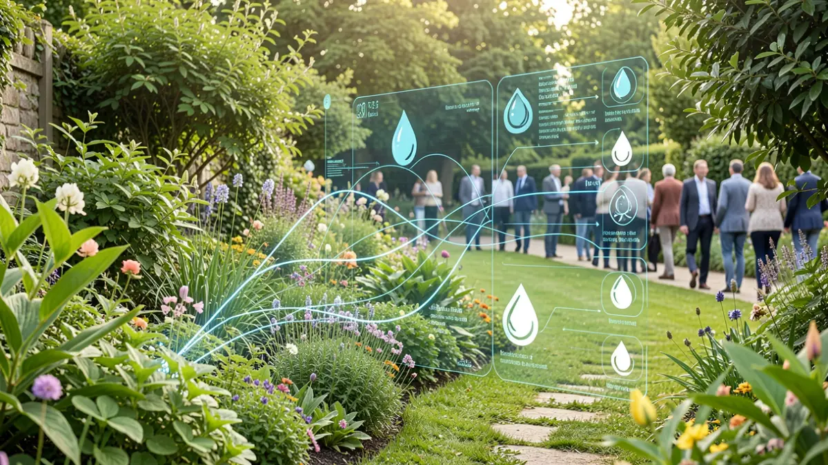 Digital twin interface overlaid on a lush garden, showing water needs prediction and optimized irrigation.