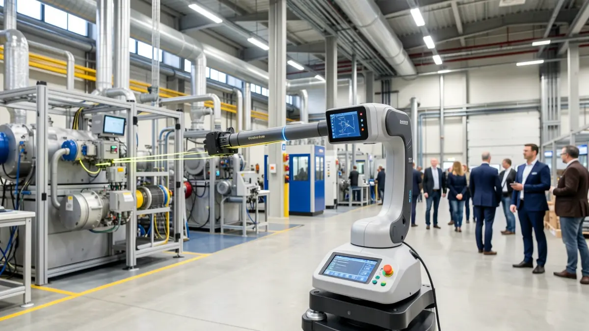 Interior of a modern factory with a 3D laser scanner in the foreground, capturing precise measurements of machinery and pipes. The scene is well-lit, emphasizing technological advancement and industrial processes. Focus on the scanner and the detailed environment, avoiding visible text or logos.