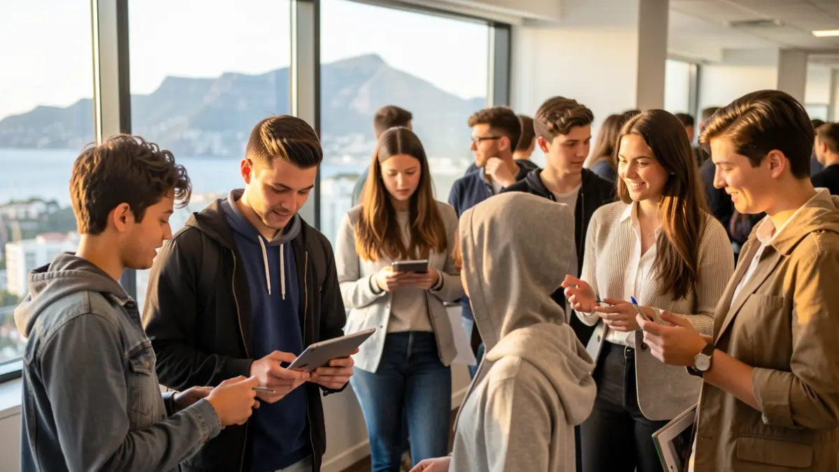 Generic image of students and professionals in a modern office setting with Canary Islands landscape in the background.