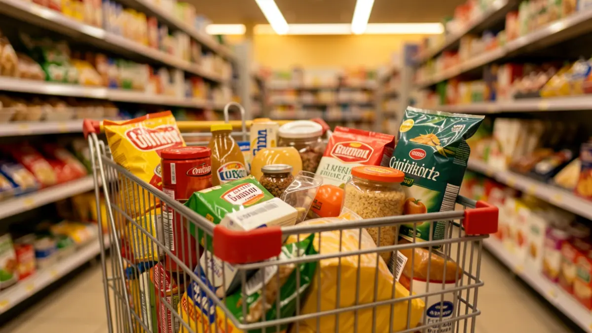Close-up image of a shopping cart filled with groceries and household items, with a blurred supermarket aisle in the background.