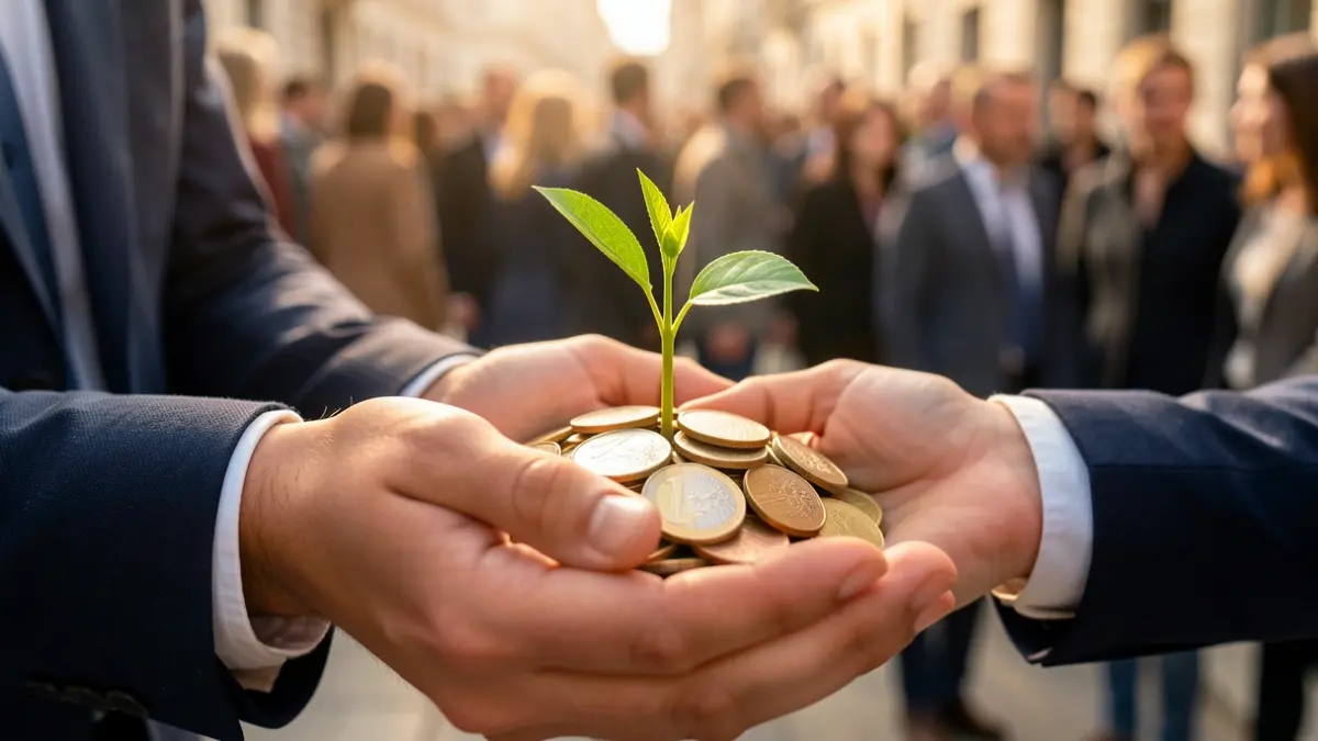 Generic image of young hands holding a seedling growing from euro coins.