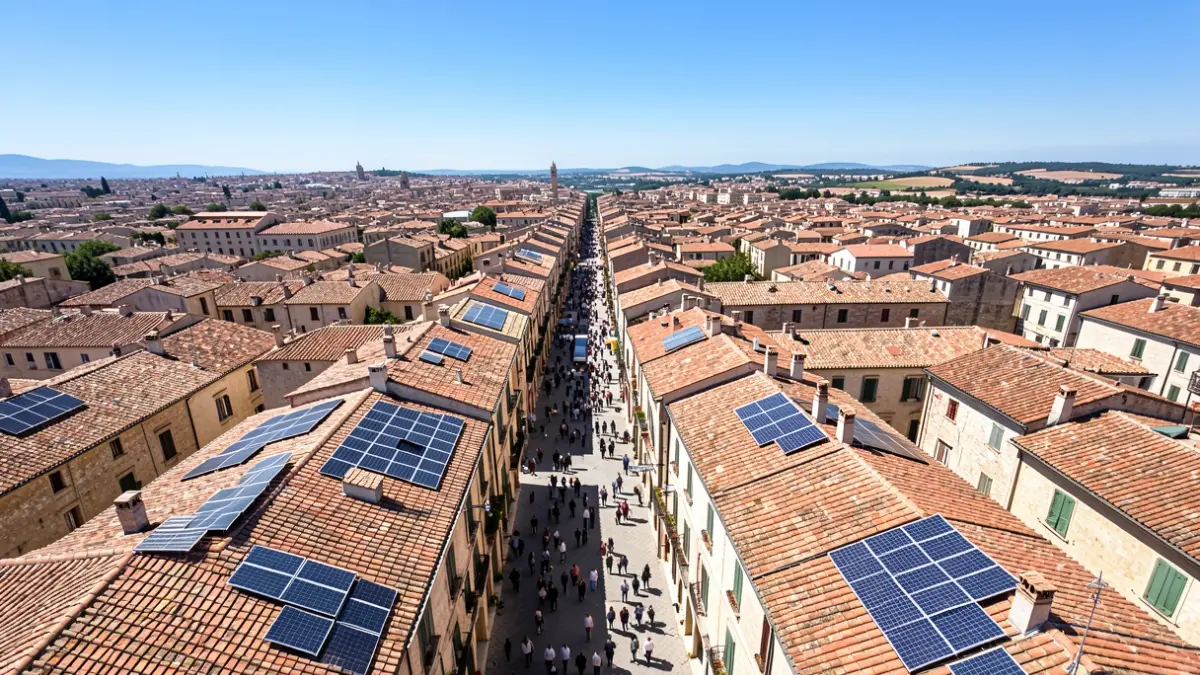 Imagen genérica de tejados urbanos con paneles solares bajo luz solar intensa.