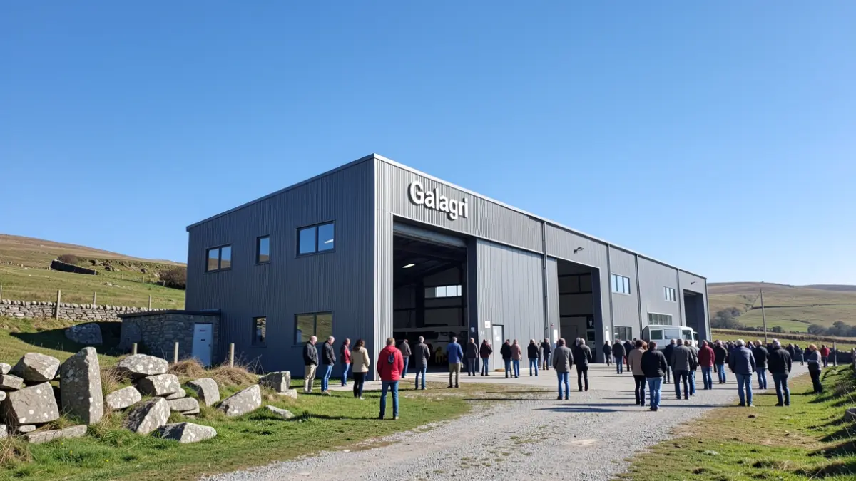 Imaxe xenérica dunha nave industrial con portas grandes e un cartel que di 'Galagri', nunha paisaxe rural galega.