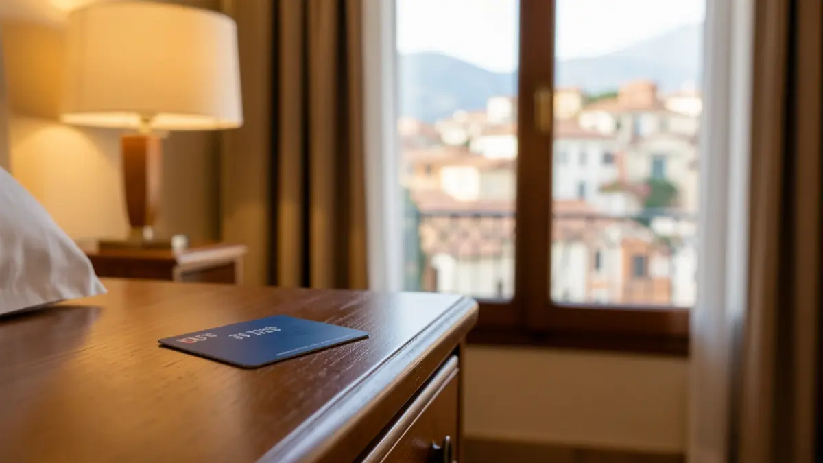 Generic image of a hotel room with views of a Mediterranean city.