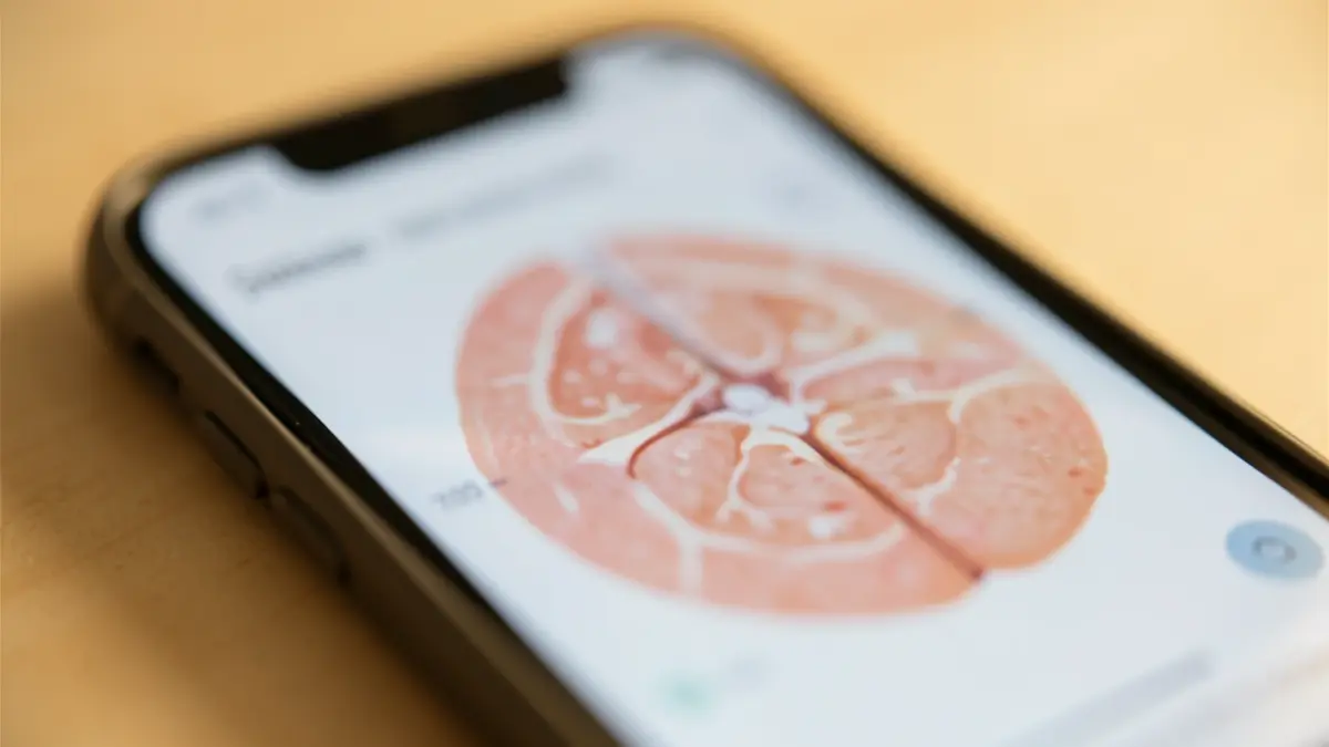 Close-up of a smartphone screen displaying a blurred medical interface with abstract skin texture patterns, representing AI analysis of skin conditions.