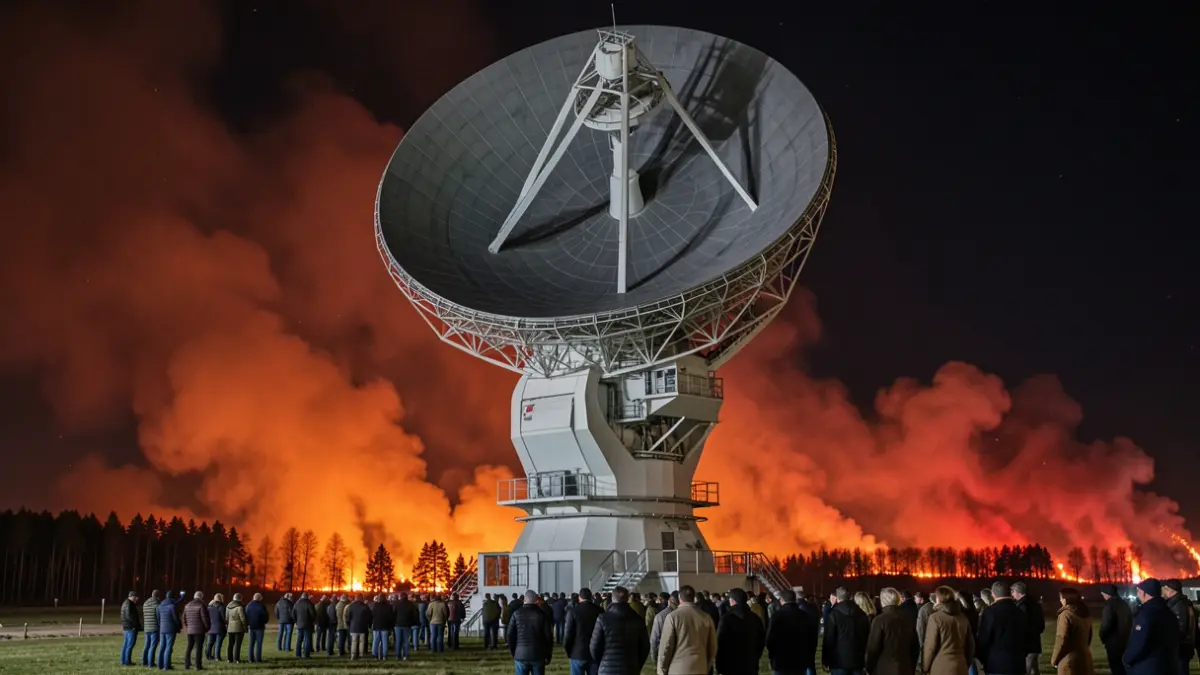 Image of a large space communication antenna under a night sky with a forest fire in the background.
