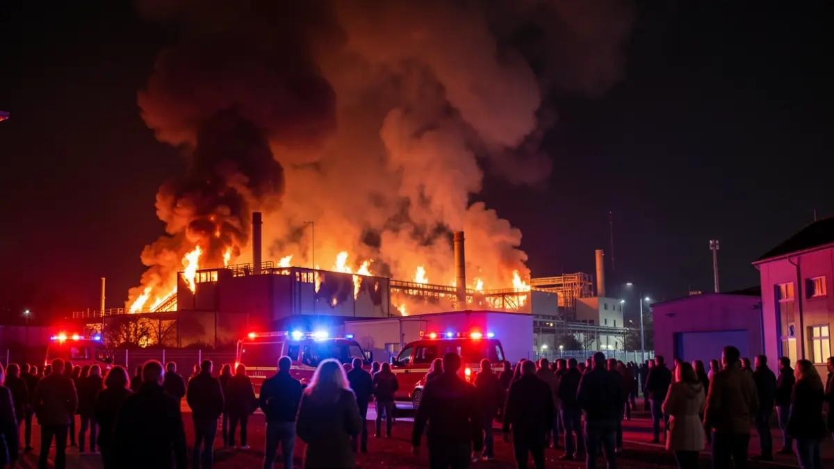 Generic image of a factory on fire at night with dense smoke.