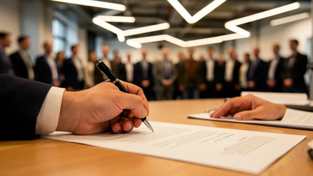 Imagen genérica de una firma de documentos en un entorno empresarial.