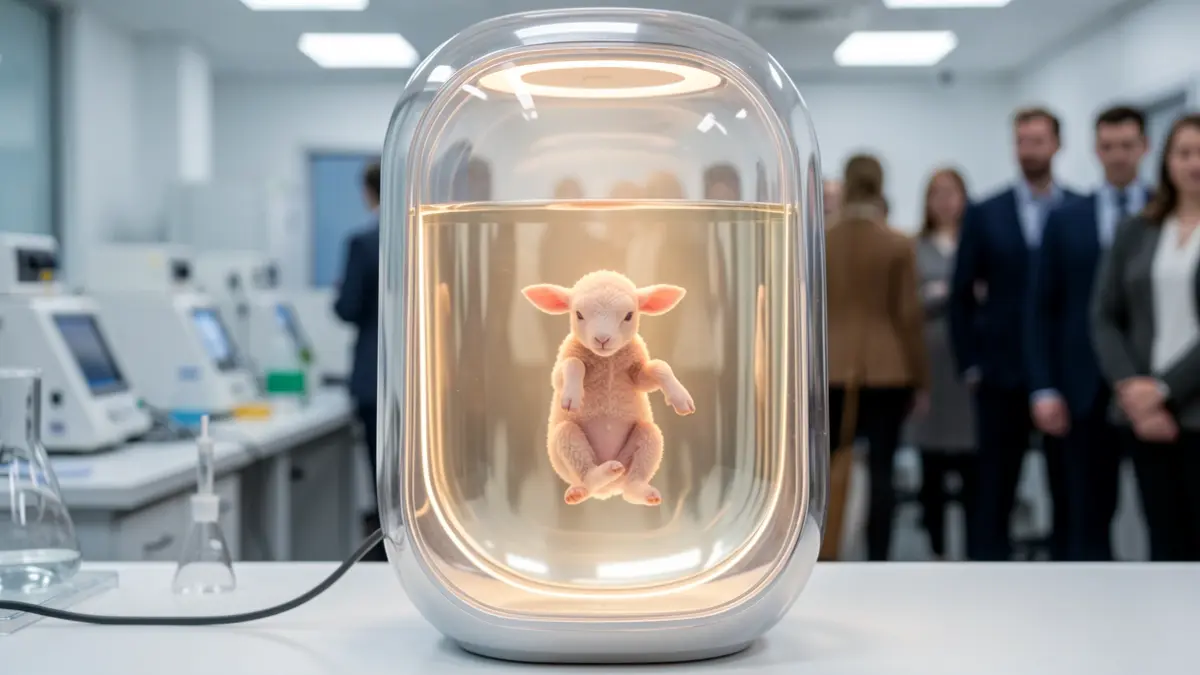 Experimental liquid incubator with a developing lamb fetus.