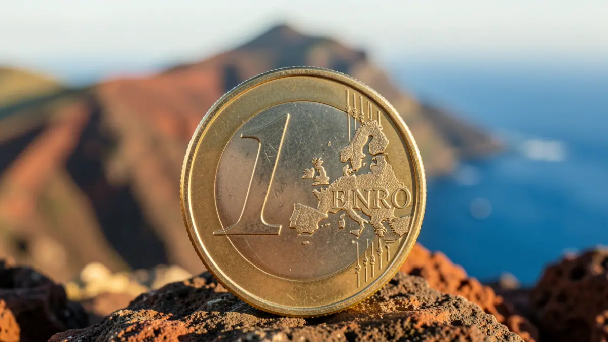 Primer plano de una moneda de euro española sobre un paisaje volcánico y el océano, representando la economía de Canarias.