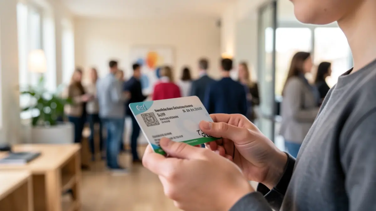 Hands of a young person holding a Spanish Social Security card with a blurred apartment interior in the background.