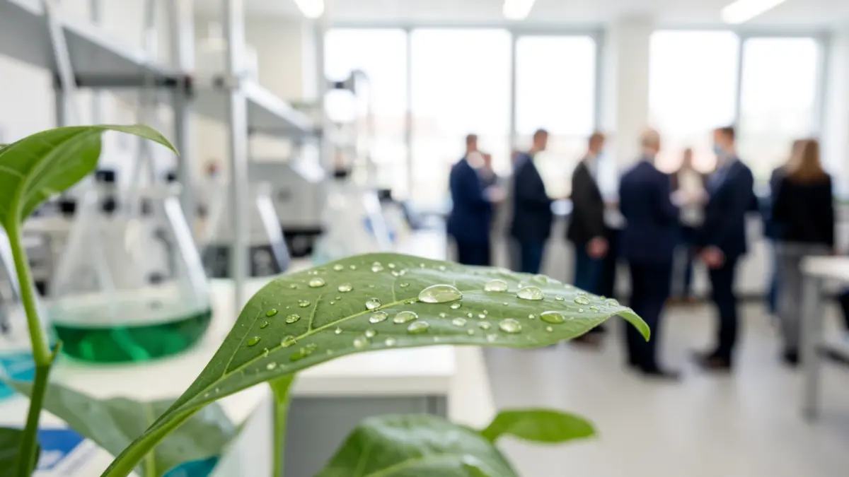 Close-up of a green leaf with water droplets, representing environmental science, with a blurred background of modern laboratory equipment.