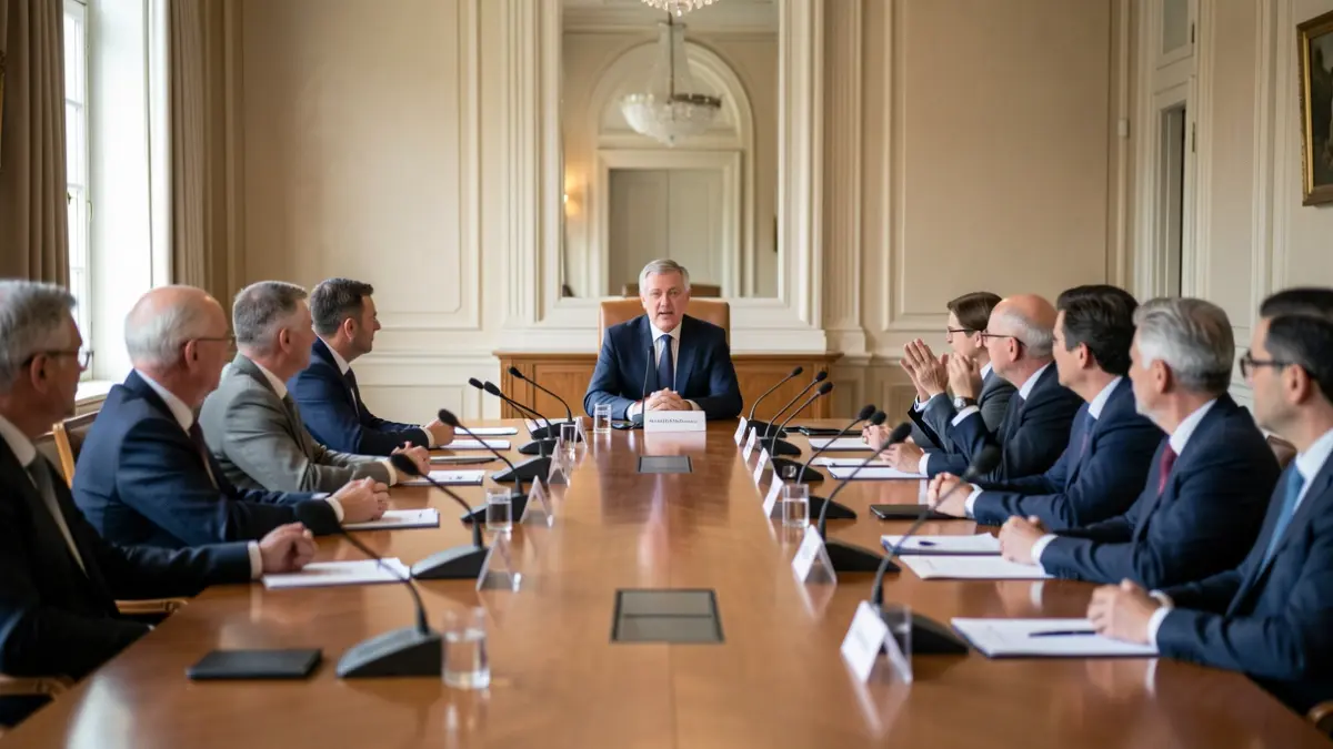 Meeting room with a long table and microphones.