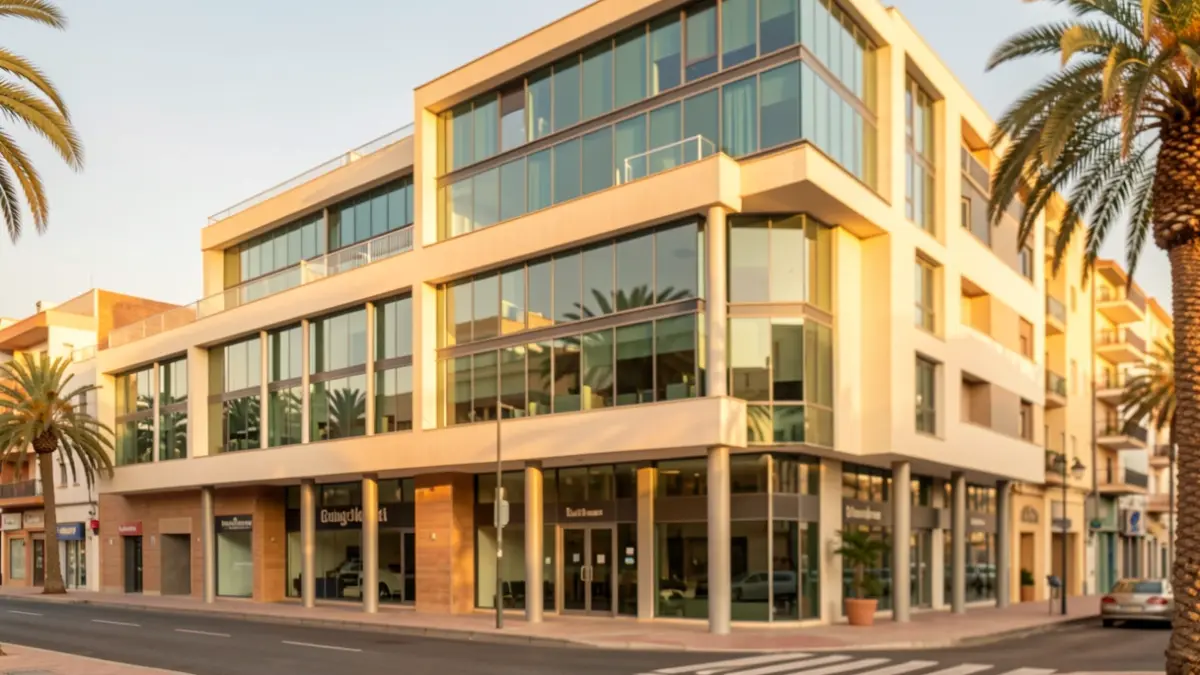 Fachada de un edificio comercial en Las Palmas de Gran Canaria con luz cálida de tarde.