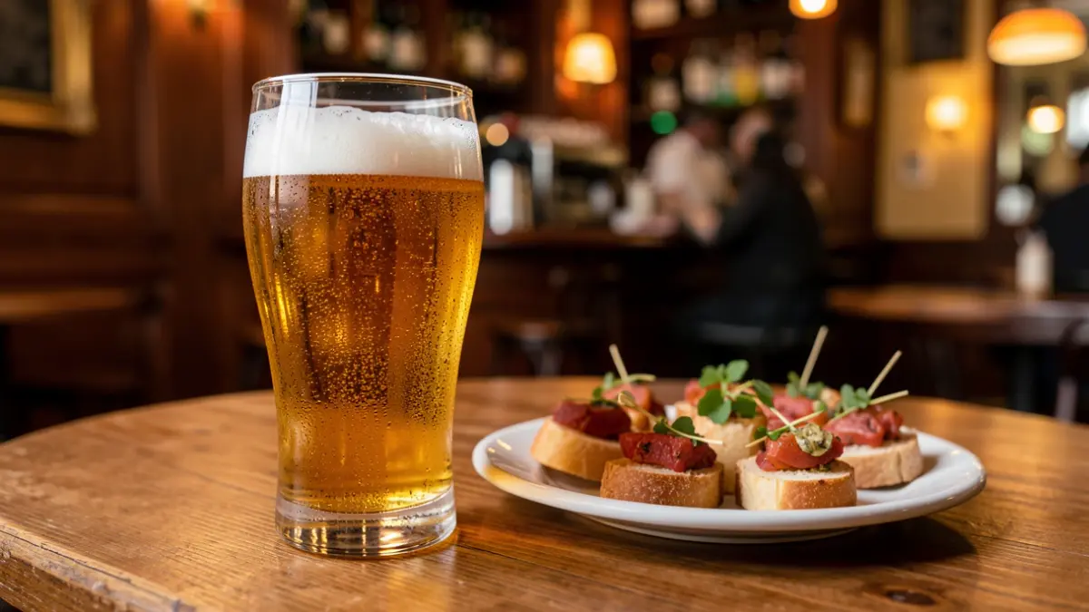 Copa de cerveza sin alcohol junto a tapas en un bar de Barcelona.