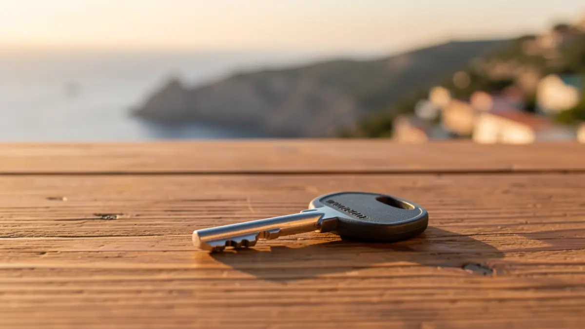 Generic image of a house key on a table with a blurred Mediterranean landscape in the background.
