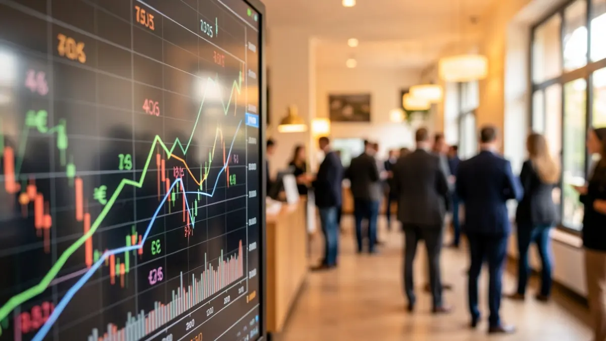 Abstract financial graph with currency symbols and rising lines.