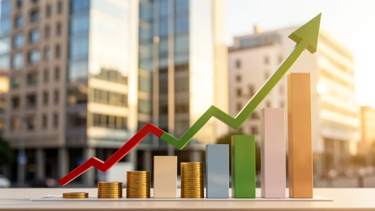 Economic graph with coins and Madrid office buildings in the background.
