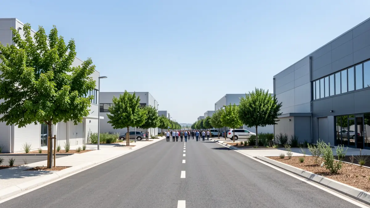 Generic image of a modern industrial park with paved streets and warehouses in a Mediterranean setting.